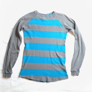 Utility 💙 Youth Unisex Grey + Blue Long Sleeve Thermal Horizontal Striped Top💙